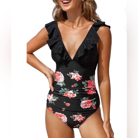 ☀️☀️☀️ Cupshe Womens V Neck One Piece Ruffled Lace Up Floral One Piece - Picture 3 of 6